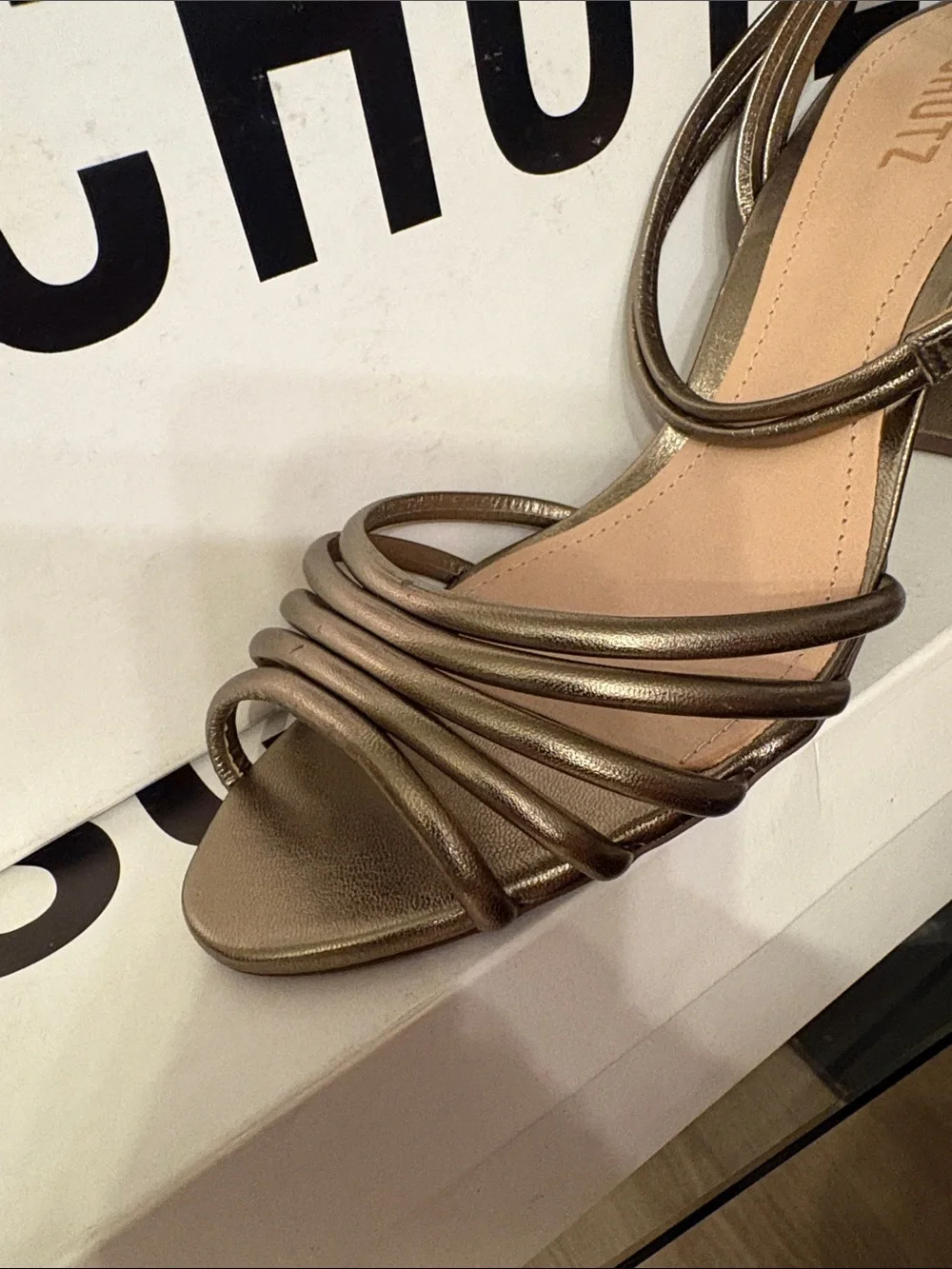 SCHUTZ Bronze Metallic Strappy Block Heel Sandals #77